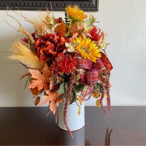 Fall Faux Floral Bouquet in White Jar With Sunflowers/Peonies - Picture 2 of 13